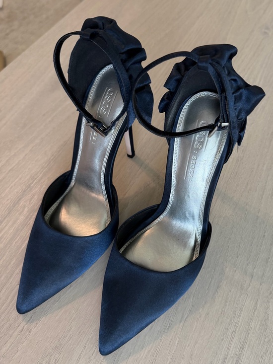 ASOS Shoes - ASOS Navy Satin Pointed-Toe Ankle-Strap Heels with Ruffle Detail